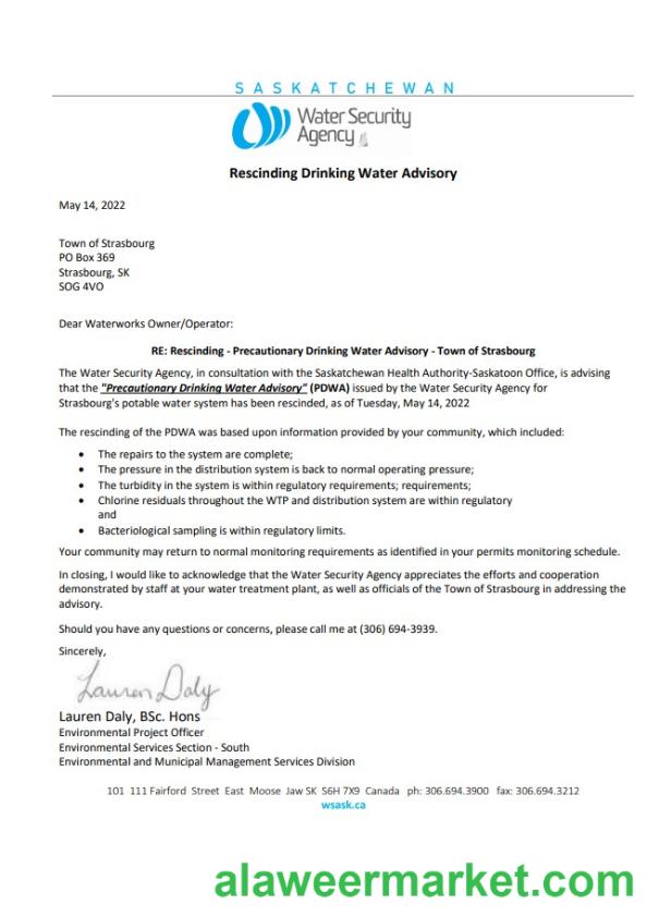 Canada Saskatchewan Strasbourg Water Security Agency water utility shut off notice